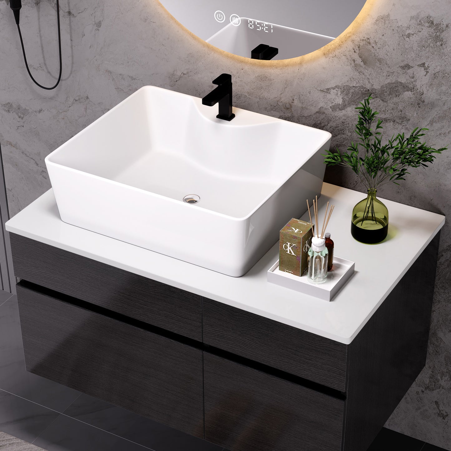 31.5" Floating Bathroom Vanity with Ceramic Sink - Black & White
