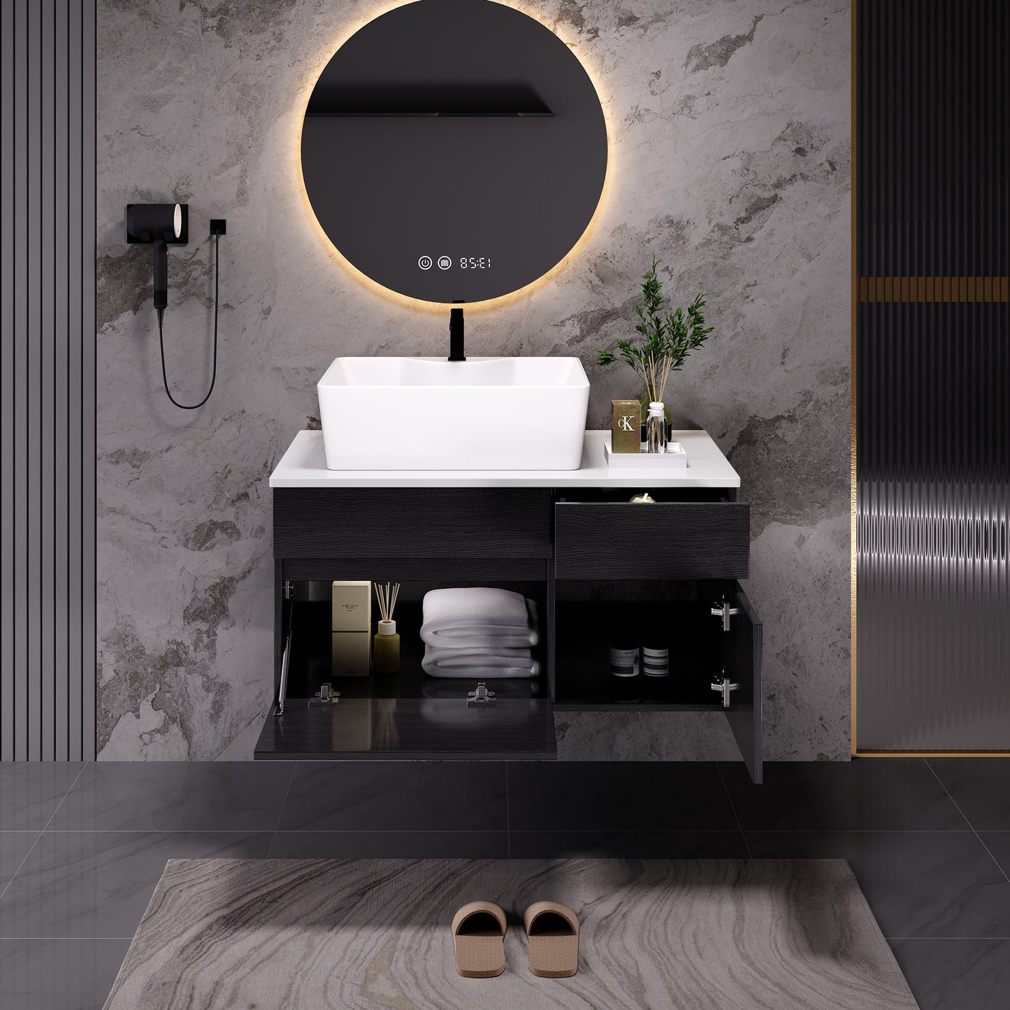 31.5" Floating Bathroom Vanity with Ceramic Sink - Black & White