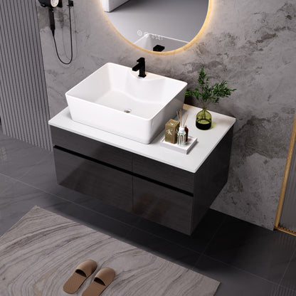31.5" Floating Bathroom Vanity with Ceramic Sink - Black & White