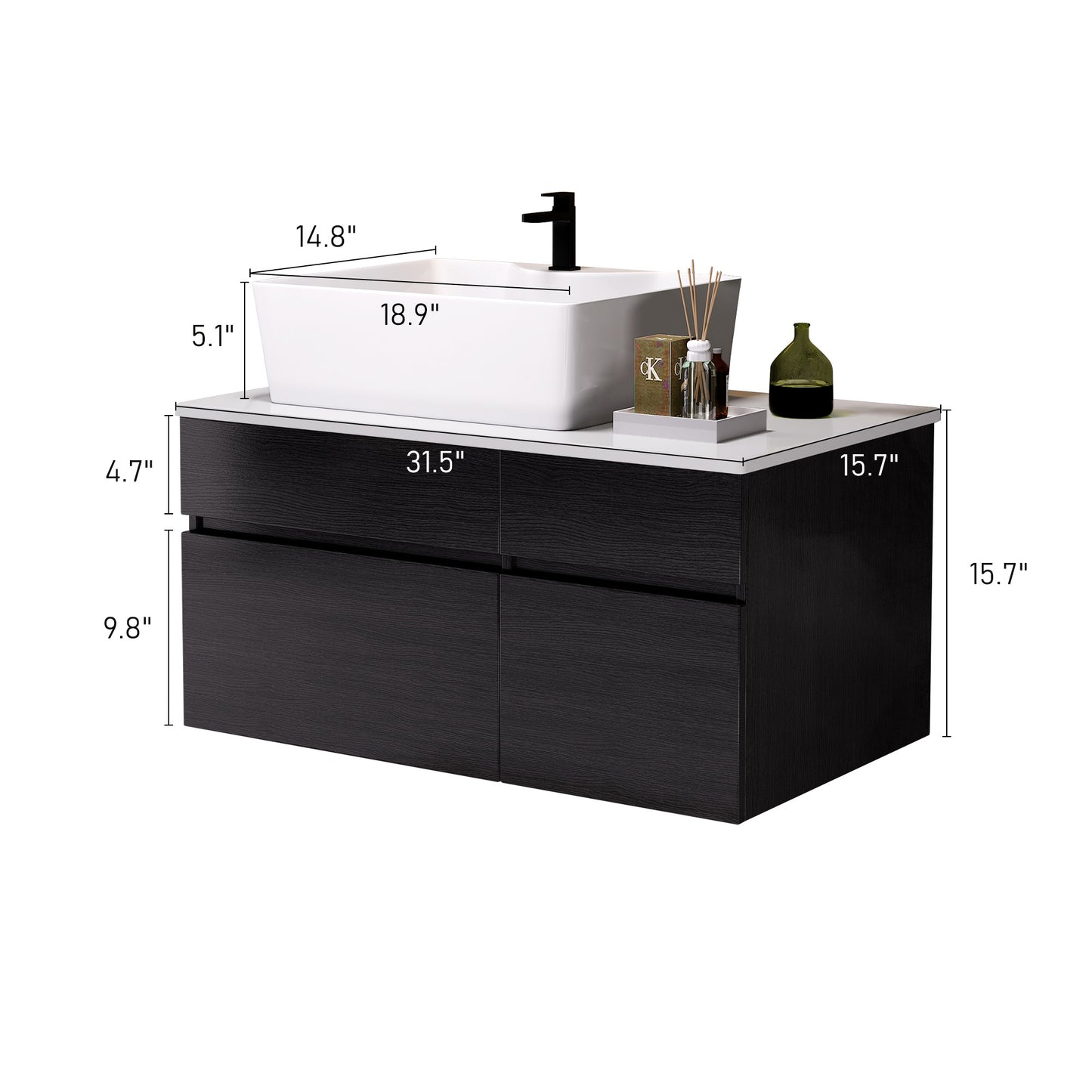 31.5" Floating Bathroom Vanity with Ceramic Sink - Black & White