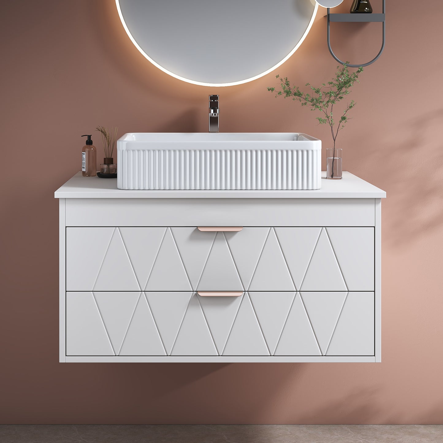 31.5" Gold White Ceramic Bathroom Vanity - Floating Storage Cabinet