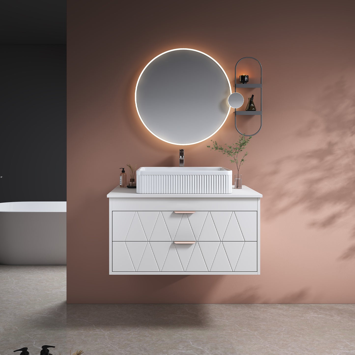 31.5" Gold White Ceramic Bathroom Vanity - Floating Storage Cabinet