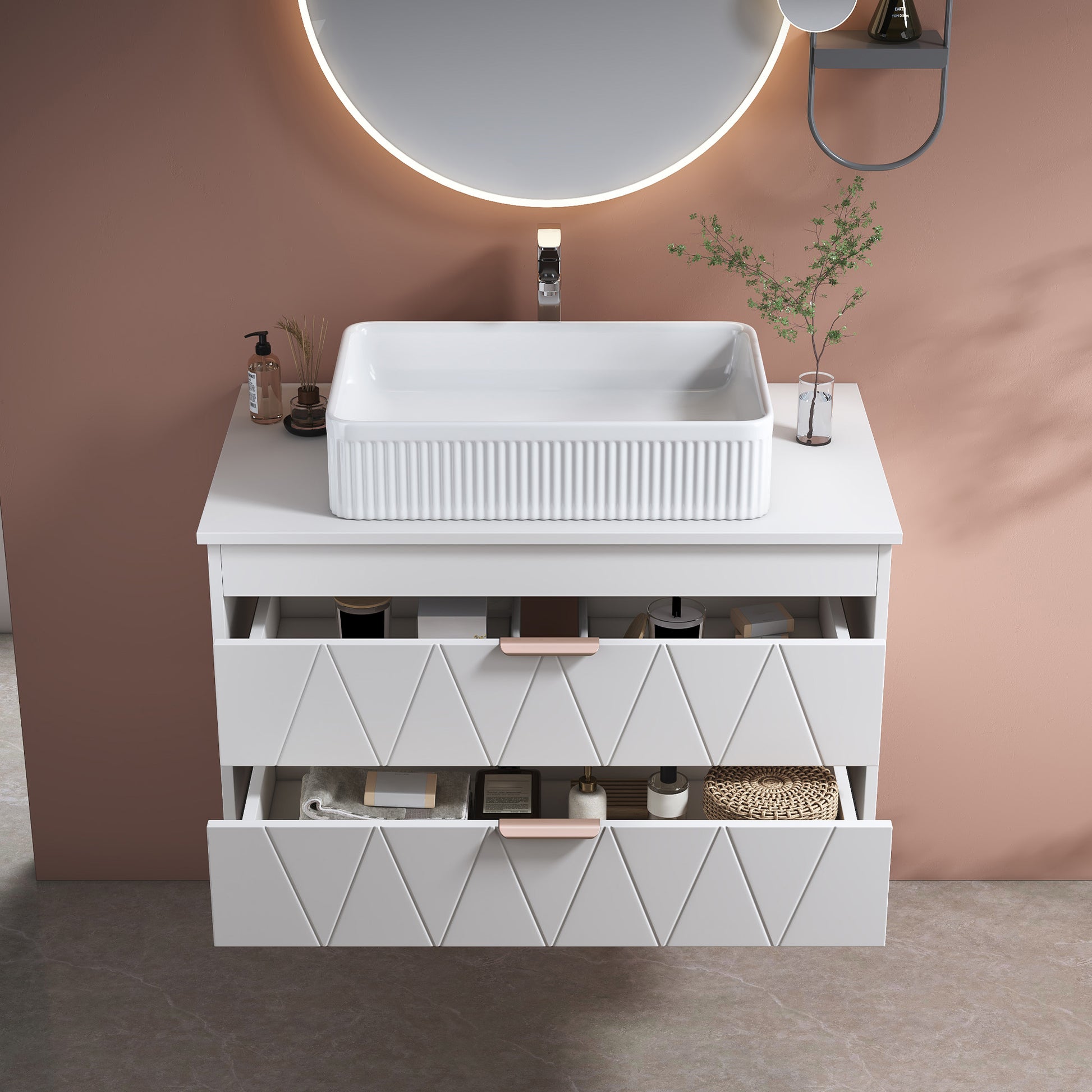 31.5" Gold White Ceramic Bathroom Vanity - Floating Storage Cabinet