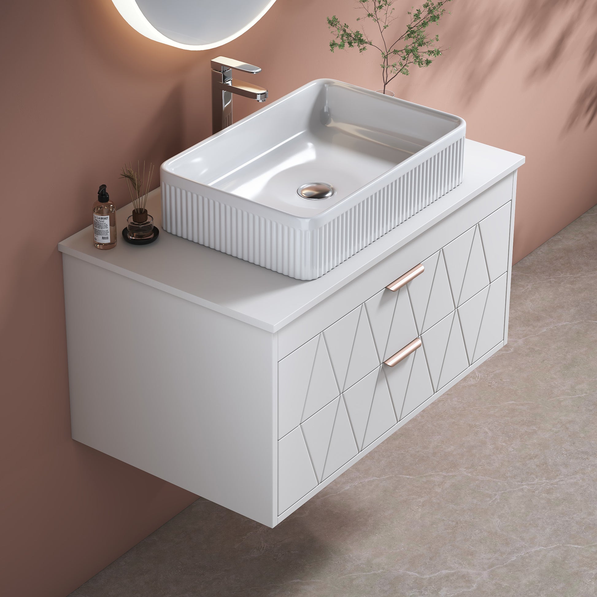 31.5" Gold White Ceramic Bathroom Vanity - Floating Storage Cabinet
