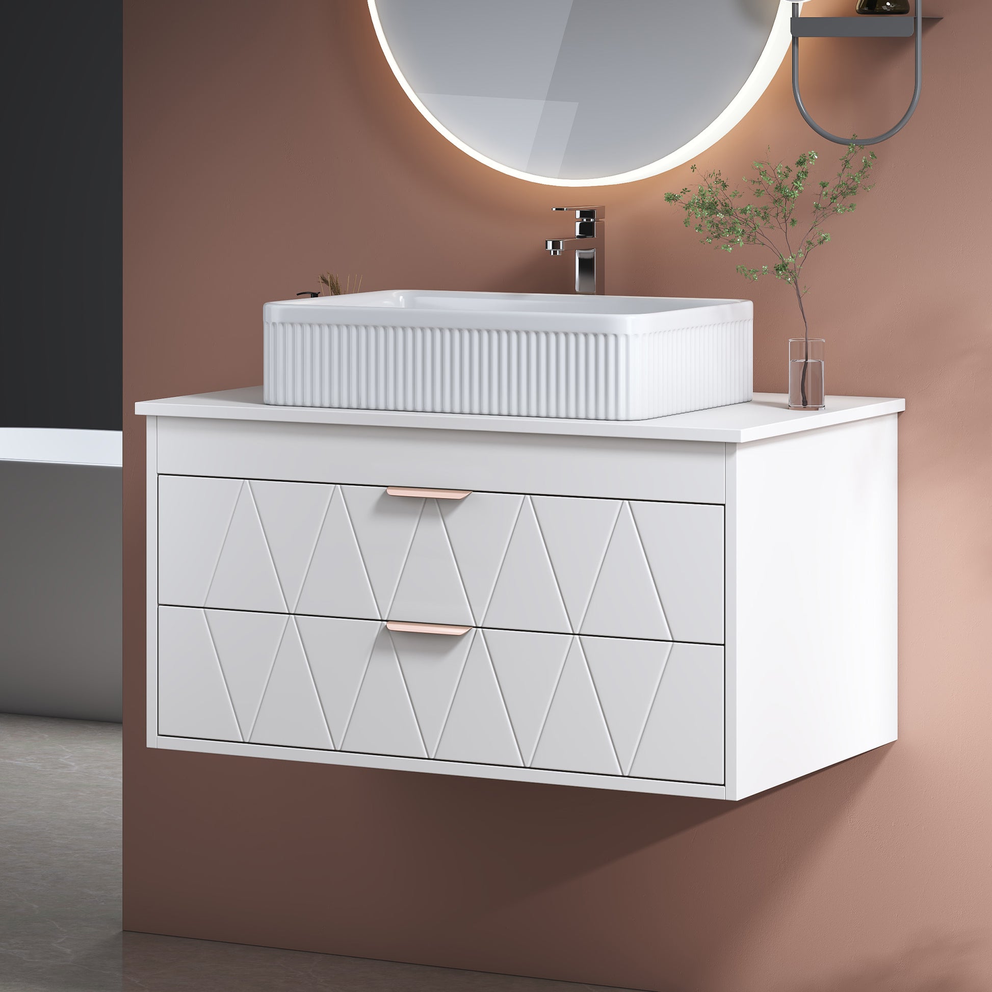 31.5" Gold White Ceramic Bathroom Vanity - Floating Storage Cabinet