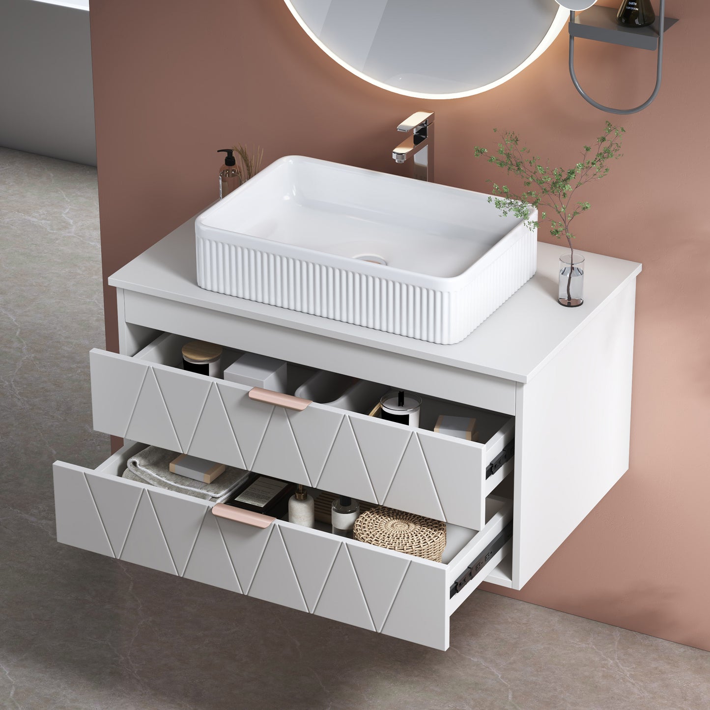 31.5" Gold White Ceramic Bathroom Vanity - Floating Storage Cabinet