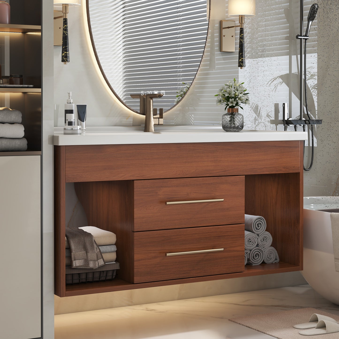 Mid-Century Modern Bathroom Vanity with Solid Wood Storage