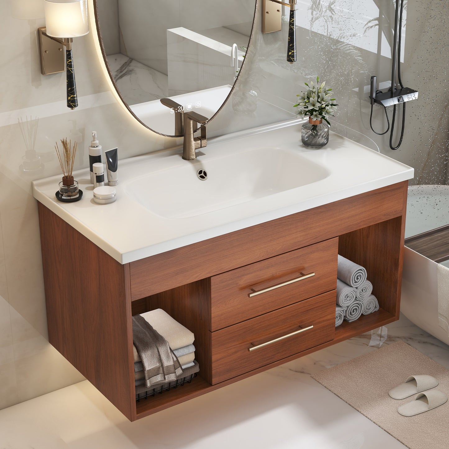 Mid-Century Modern Bathroom Vanity with Solid Wood Storage