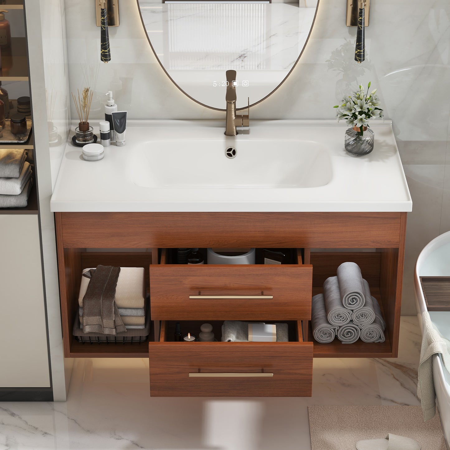 Mid-Century Modern Bathroom Vanity with Solid Wood Storage