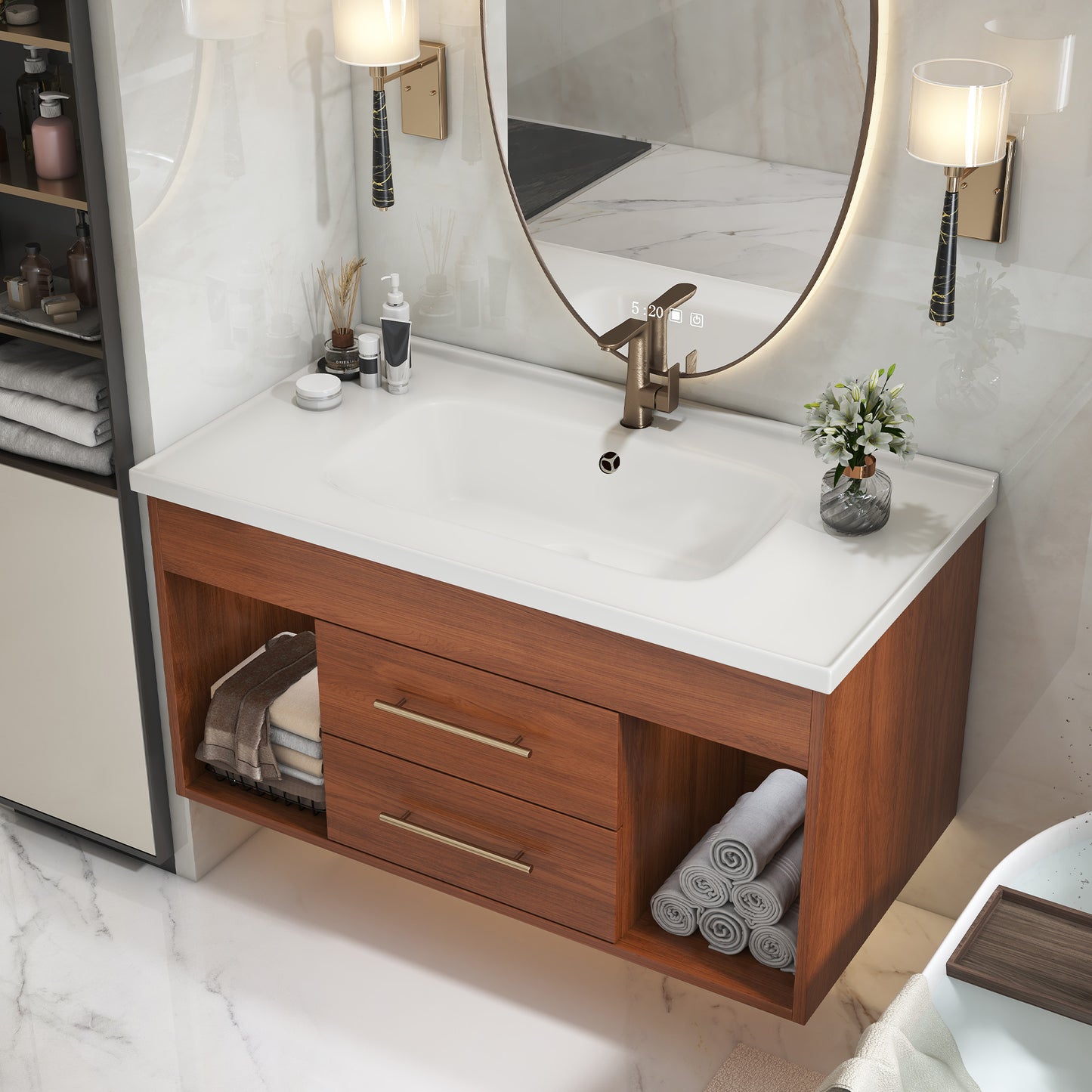 Mid-Century Modern Bathroom Vanity with Solid Wood Storage