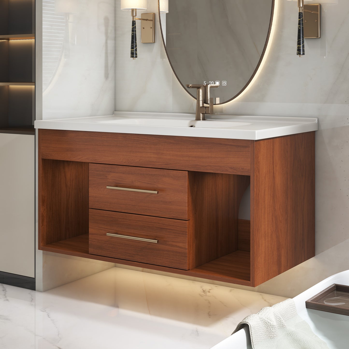Mid-Century Modern Bathroom Vanity with Solid Wood Storage