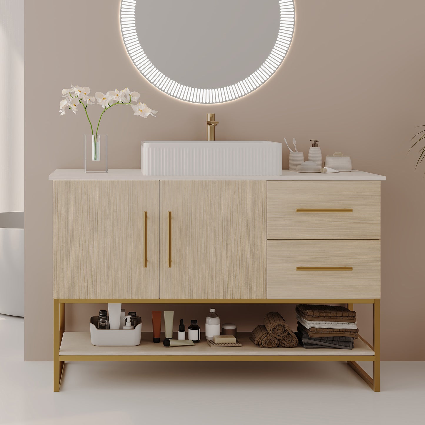 47.2" American White Oak Bathroom Vanity with Gold Sink - Modern Design