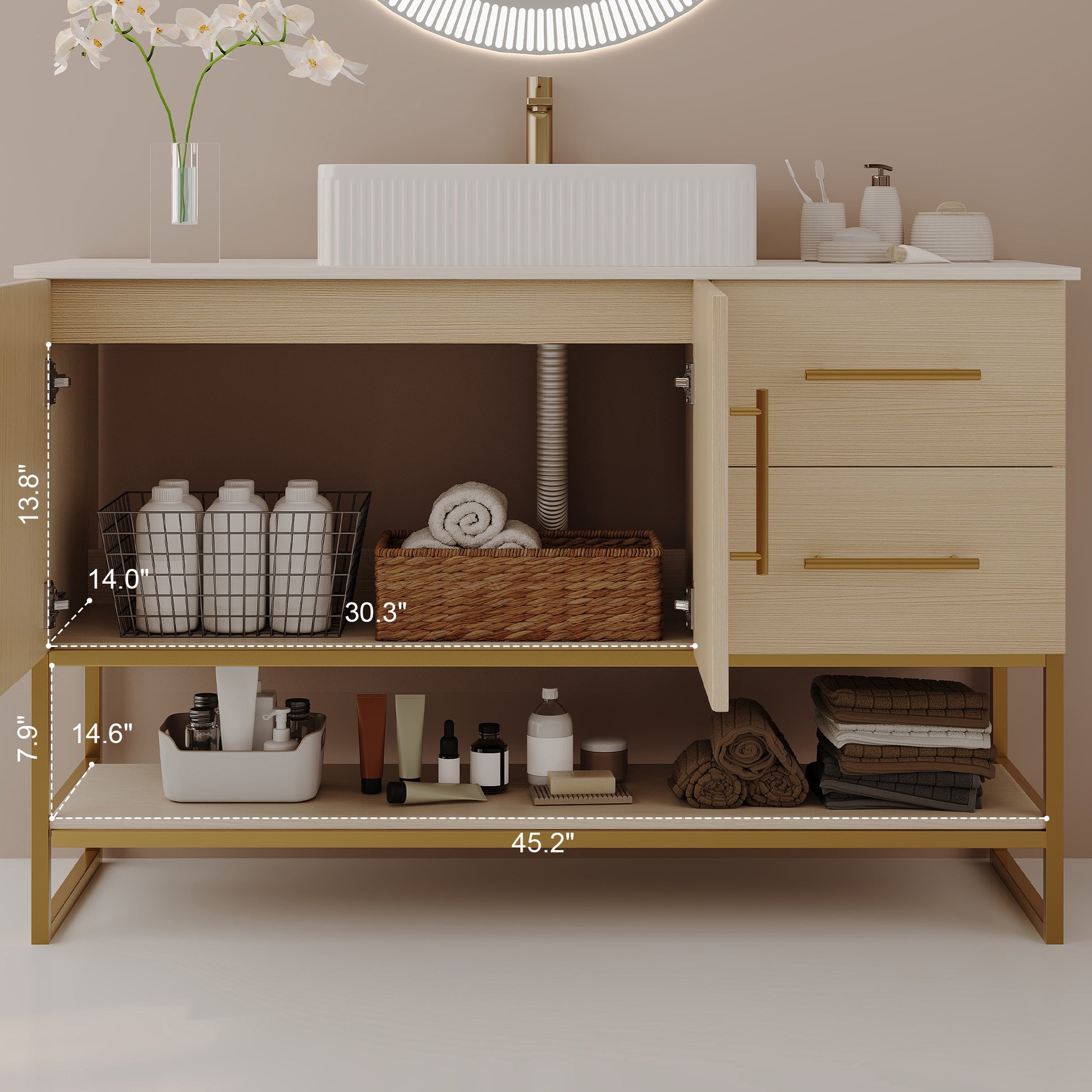 47.2" American White Oak Bathroom Vanity with Gold Sink - Modern Design