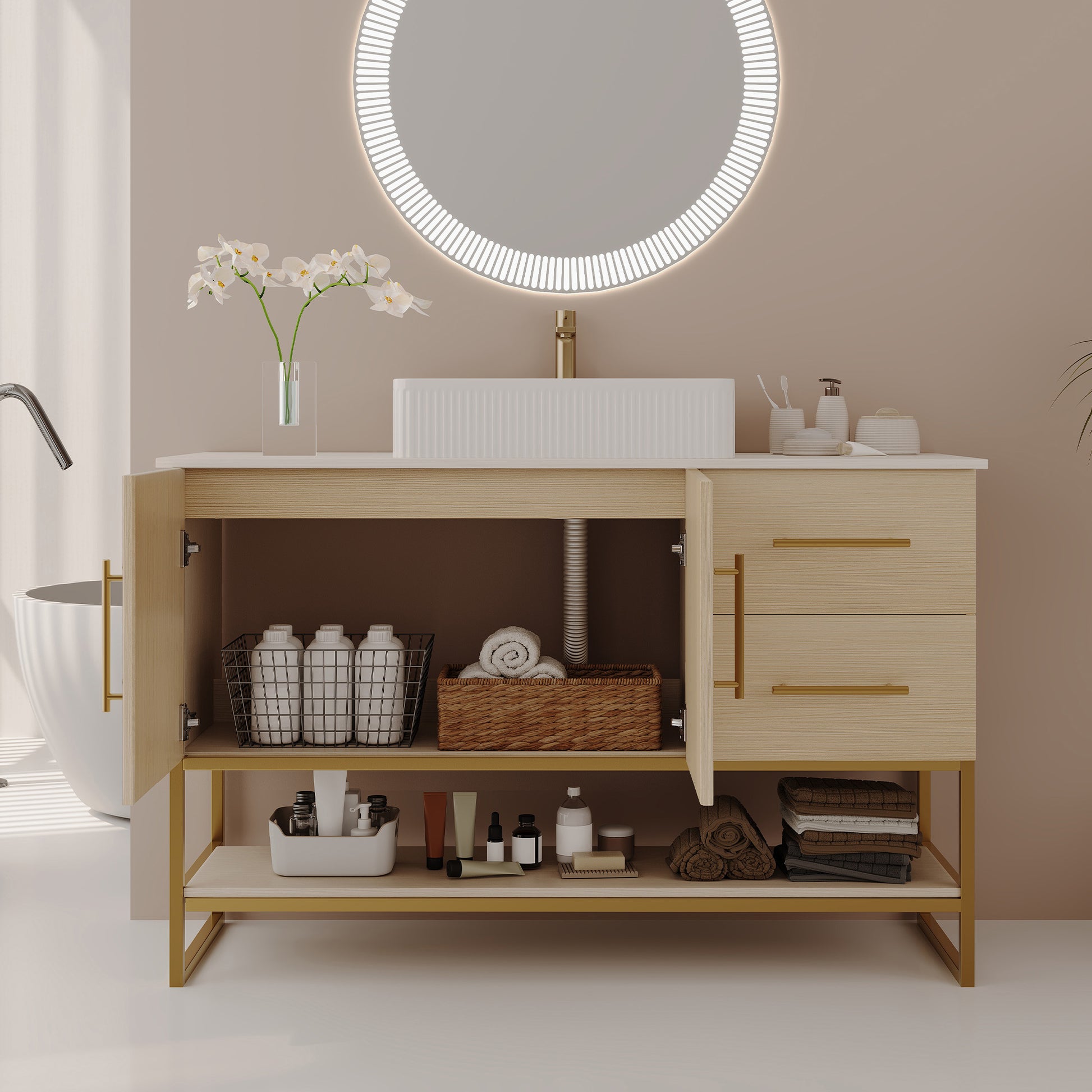 47.2" American White Oak Bathroom Vanity with Gold Sink - Modern Design
