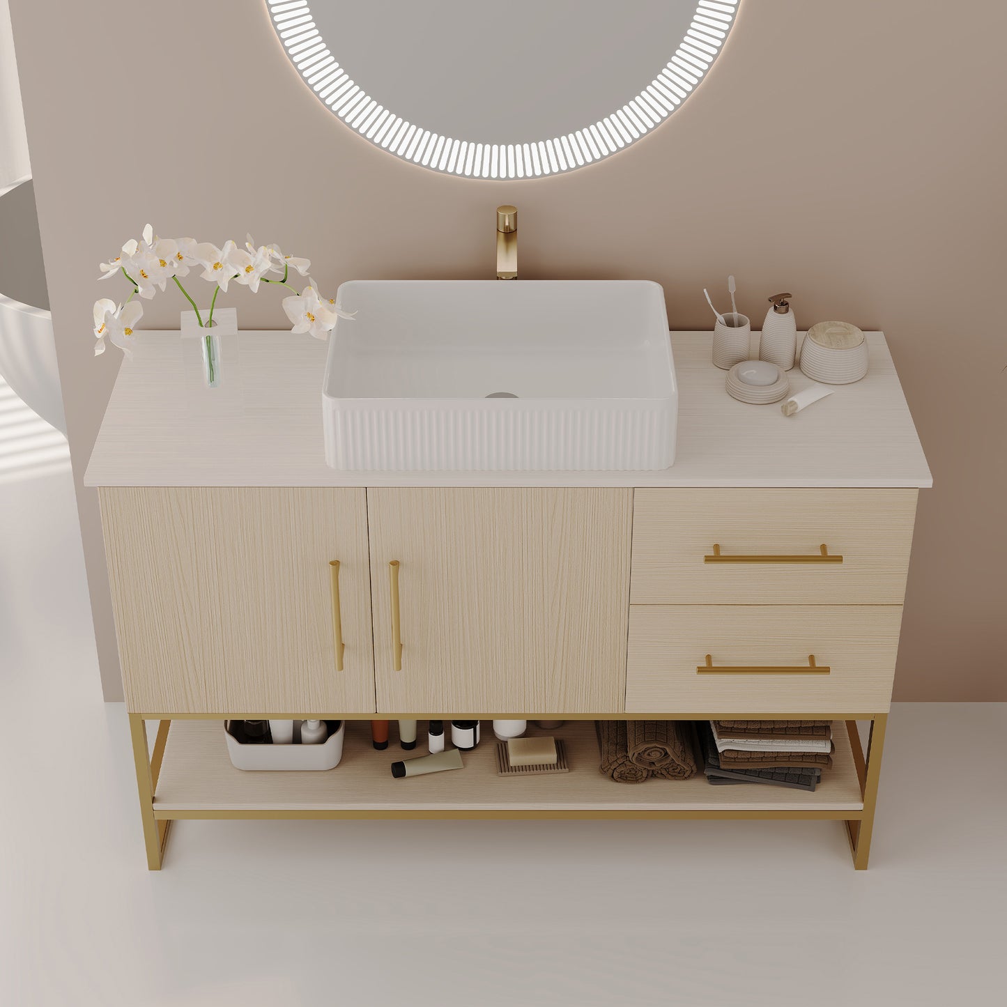 47.2" American White Oak Bathroom Vanity with Gold Sink - Modern Design