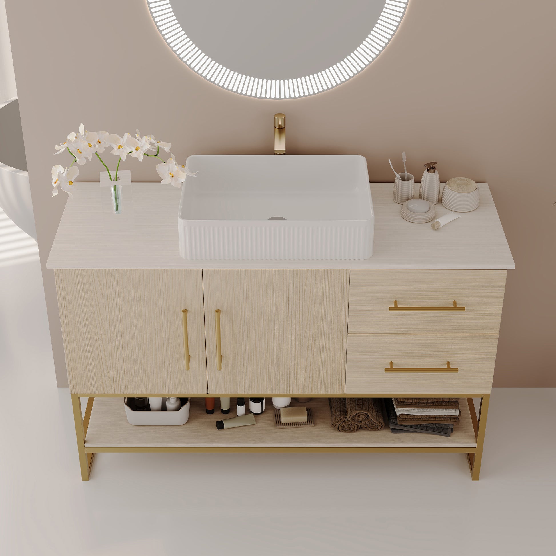 47.2" American White Oak Bathroom Vanity with Gold Sink - Modern Design