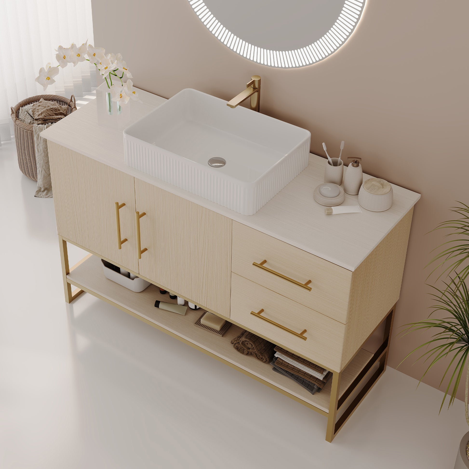 47.2" American White Oak Bathroom Vanity with Gold Sink - Modern Design