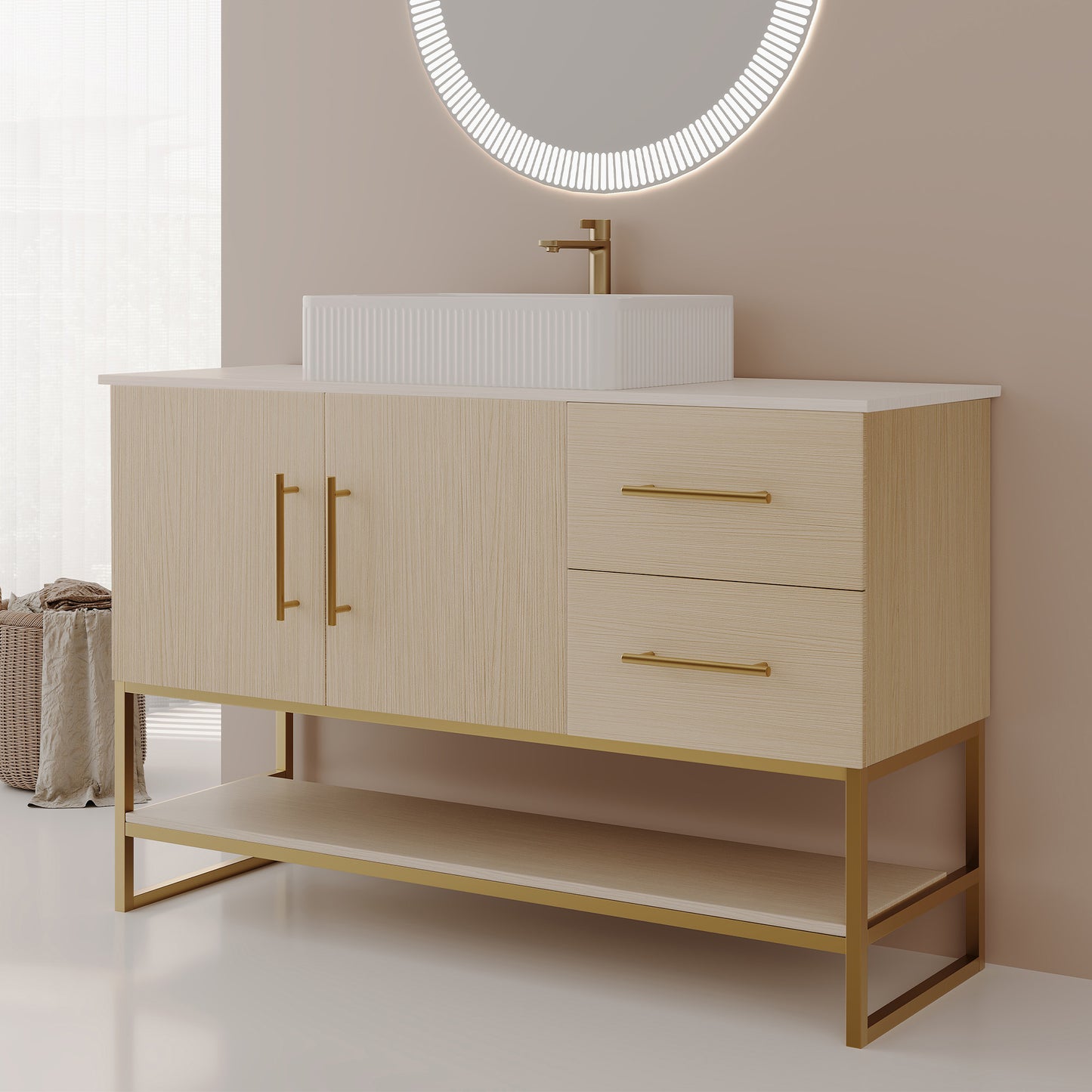 47.2" American White Oak Bathroom Vanity with Gold Sink - Modern Design