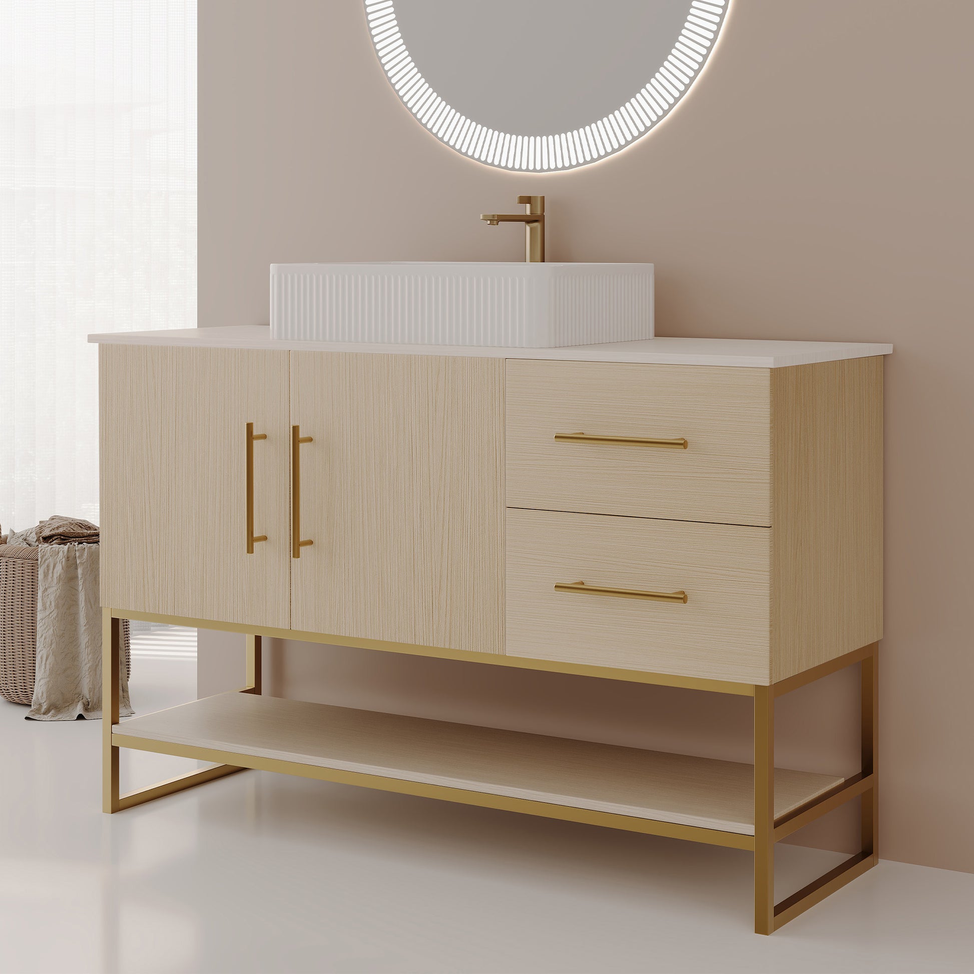 47.2" American White Oak Bathroom Vanity with Gold Sink - Modern Design