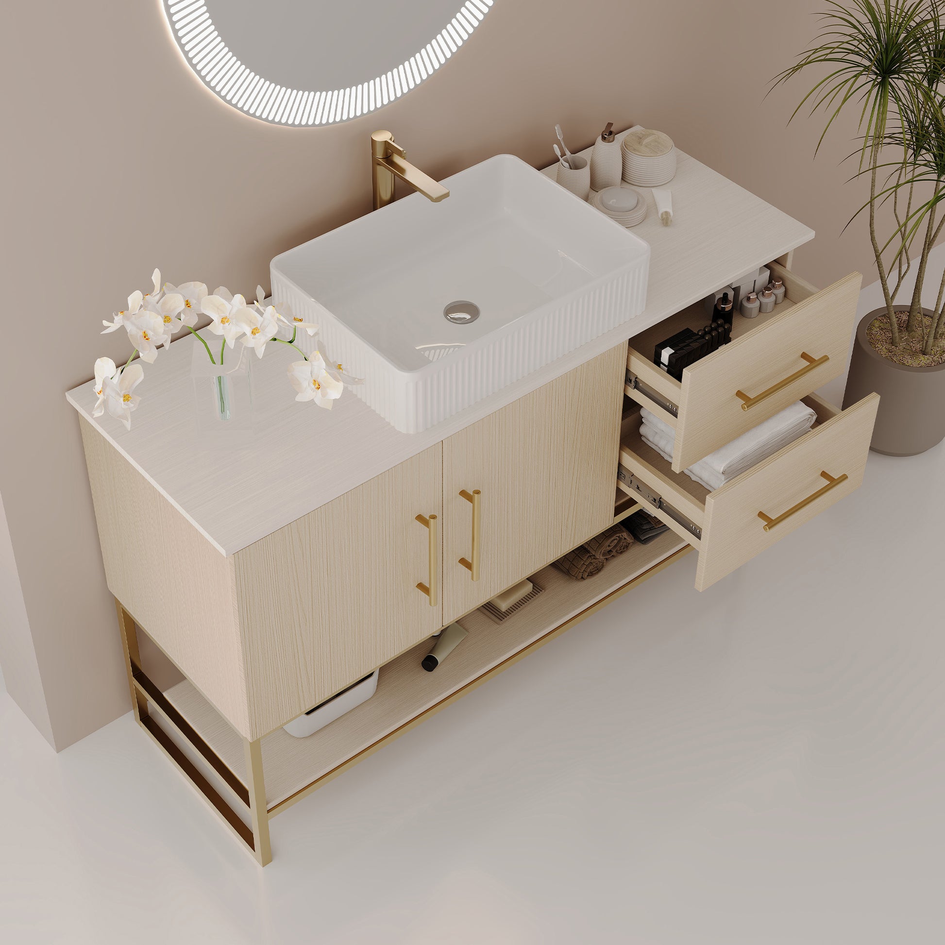 47.2" American White Oak Bathroom Vanity with Gold Sink - Modern Design