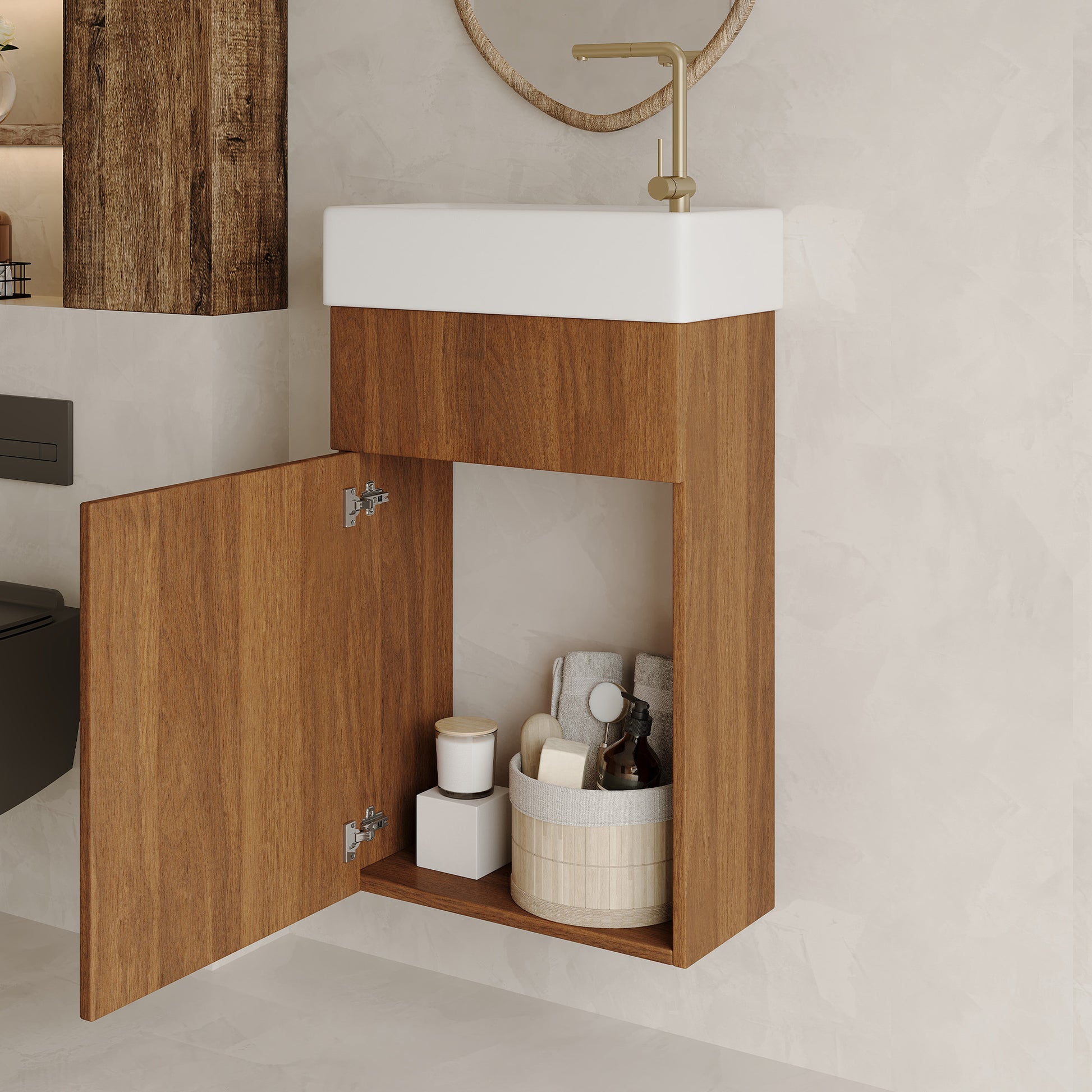 Walnut Floating Bathroom Vanity with Ceramic Basin and Plywood
