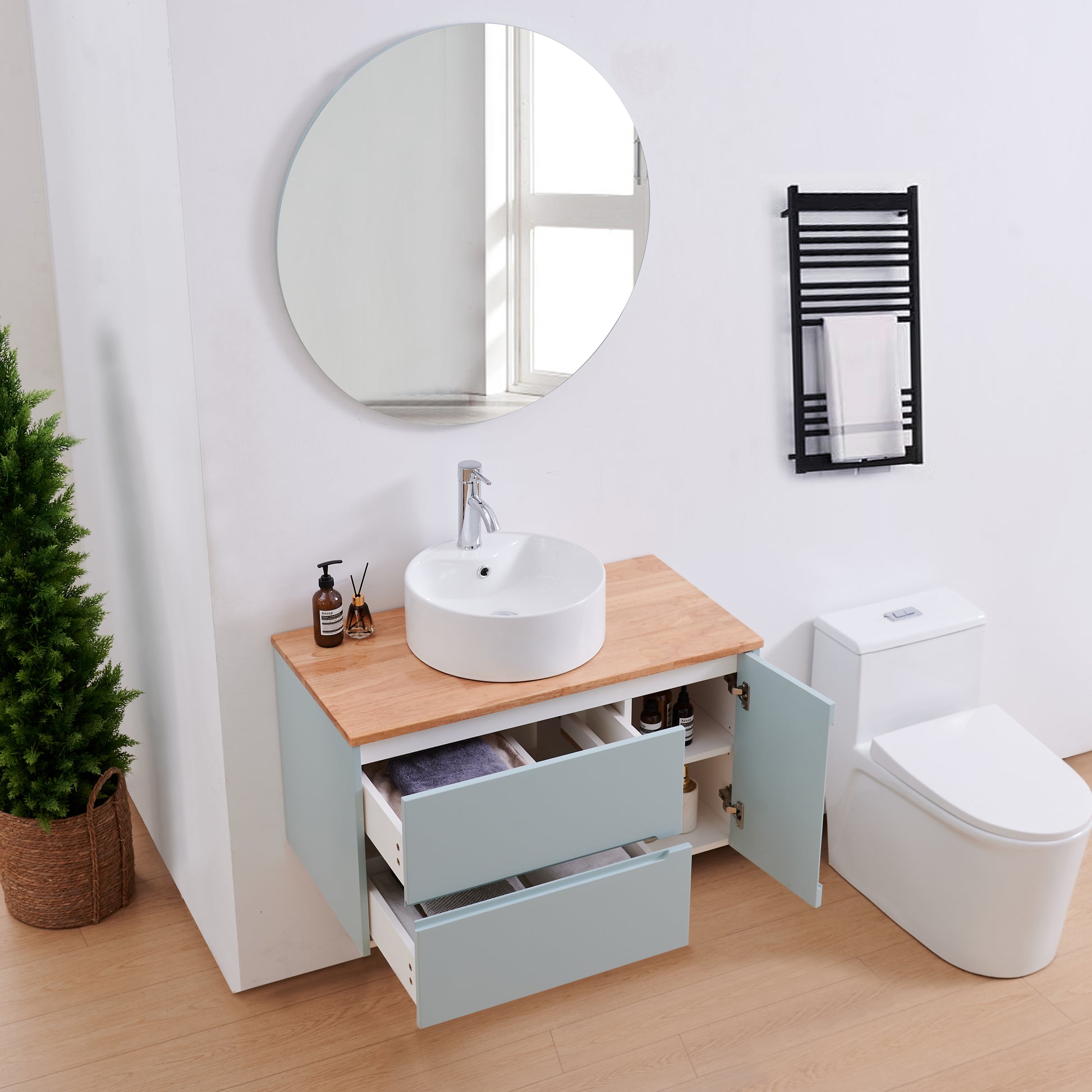 32 Inch Blue Wood Bathroom Vanity - Storage & Sink