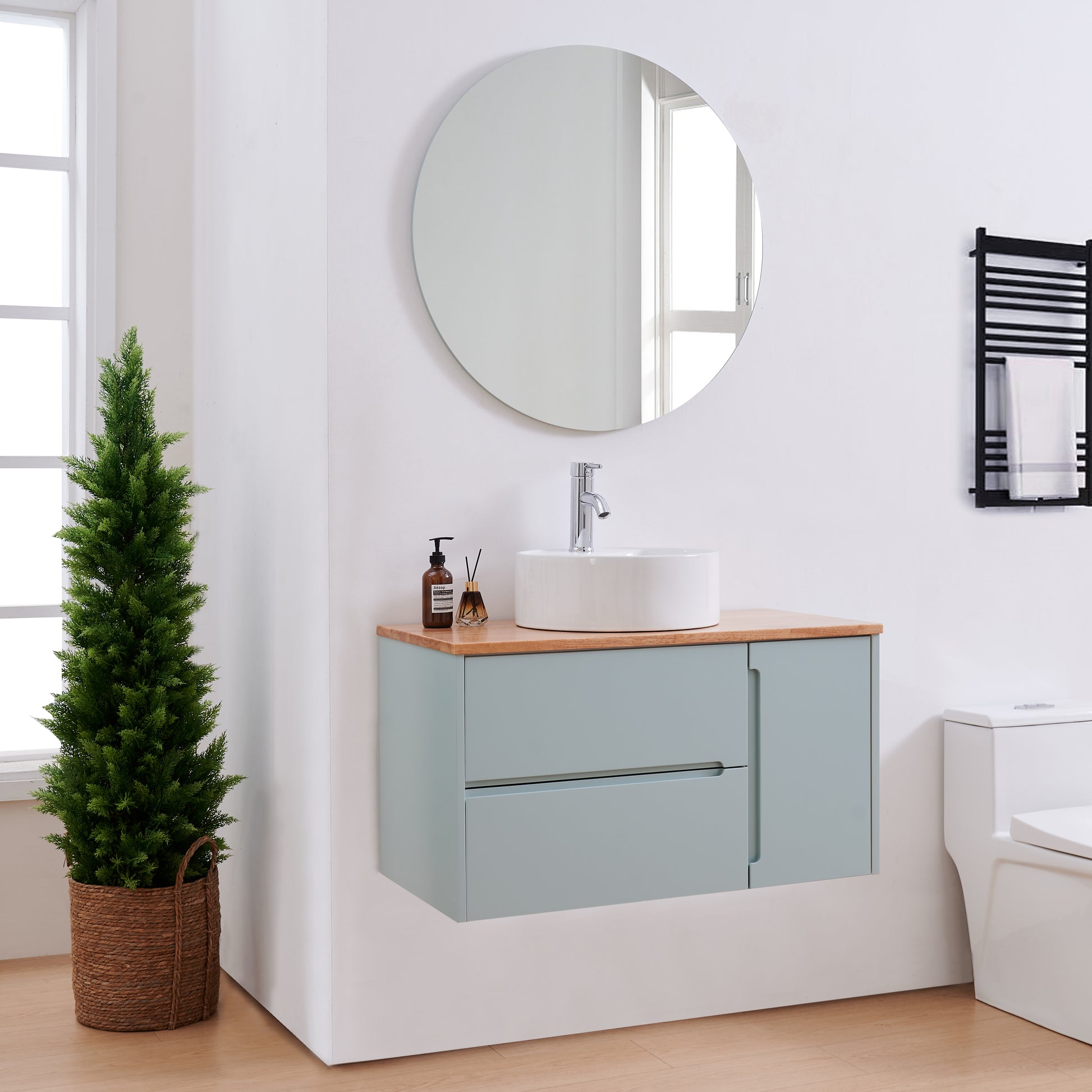 32 Inch Blue Wood Bathroom Vanity - Storage & Sink