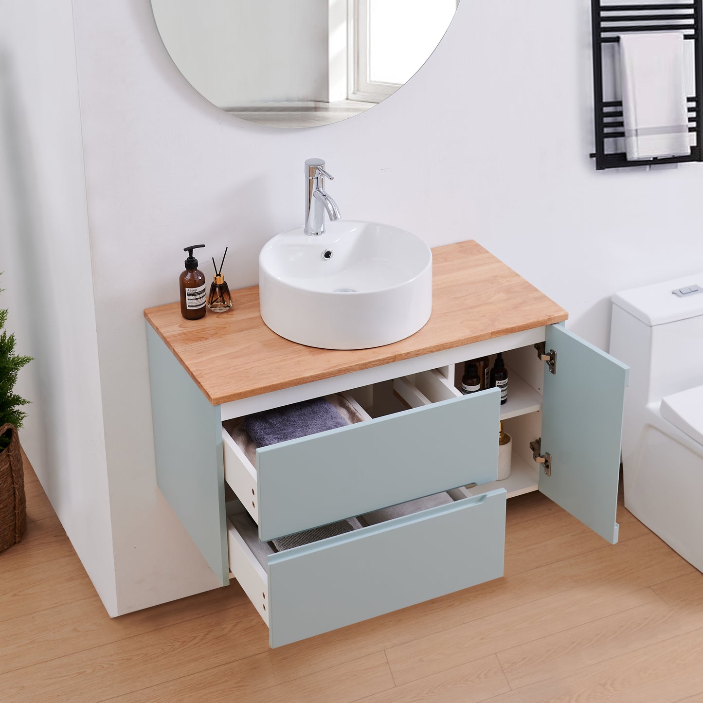 32 Inch Blue Wood Bathroom Vanity - Storage & Sink