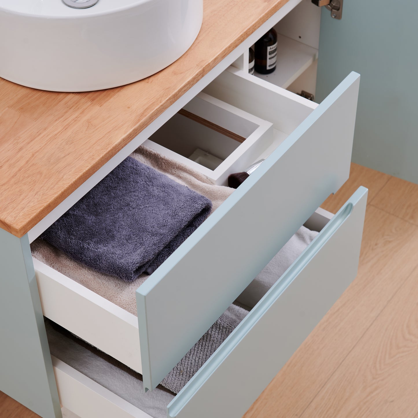 32 Inch Blue Wood Bathroom Vanity - Storage & Sink