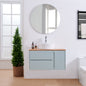 36-Inch Double Drawer + Single Door Wall-Mounted Bathroom Vanity .Blue Cabinet + Solid Wood Natural Top,Round Art Ceramic Sink + Blue Round Mirror,Modern Minimalist Design,Ample Storage!