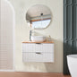 32-Inch Double Drawer Wall-Mounted Bathroom Vanity,White Cabinet + Solid Wood Natural Top,Square Art Ceramic Sink + White Round Mirror,Modern Minimalist Design, Combining Functionality and Style