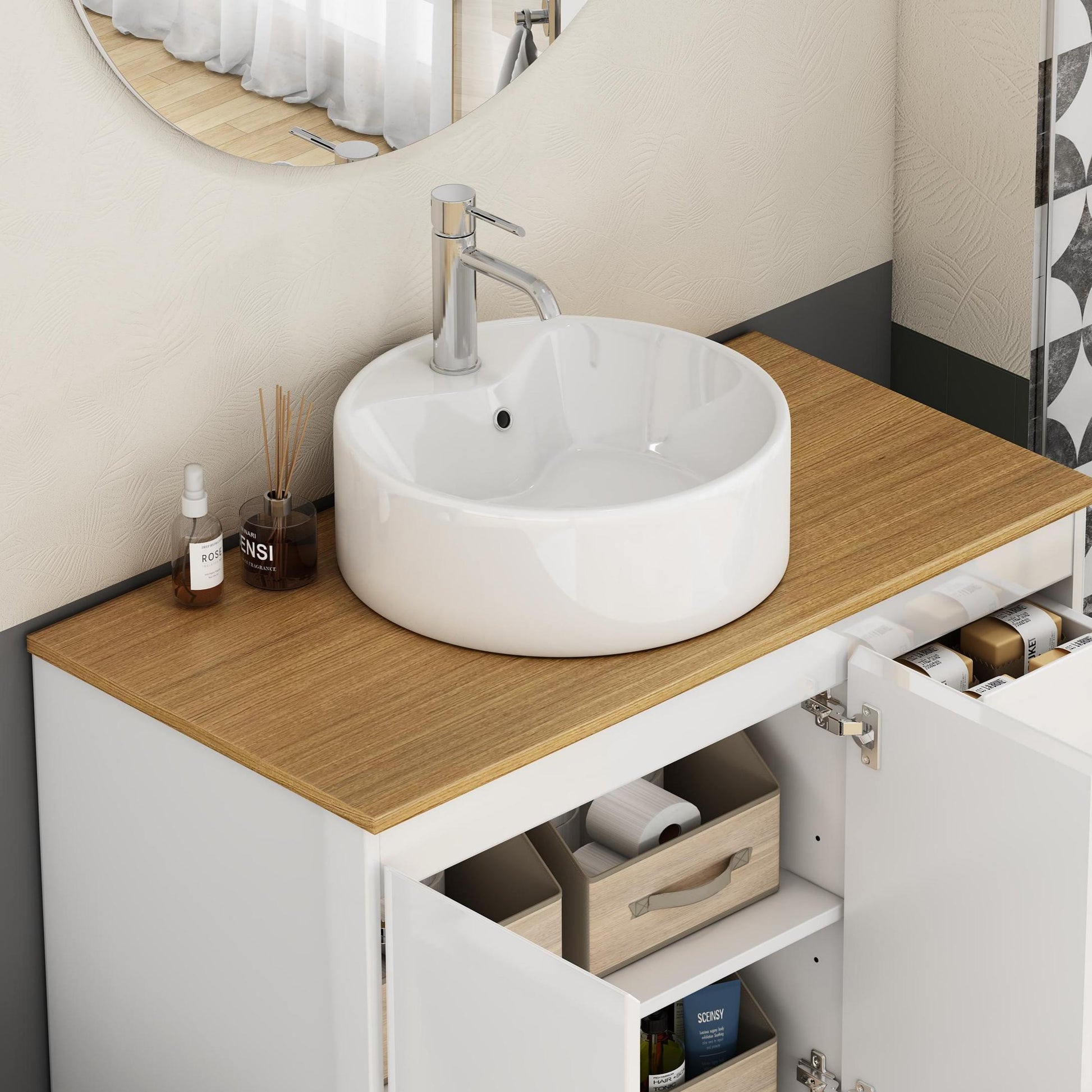 White Ceramic Round Vessel Sink - Bathroom Storage & Routine