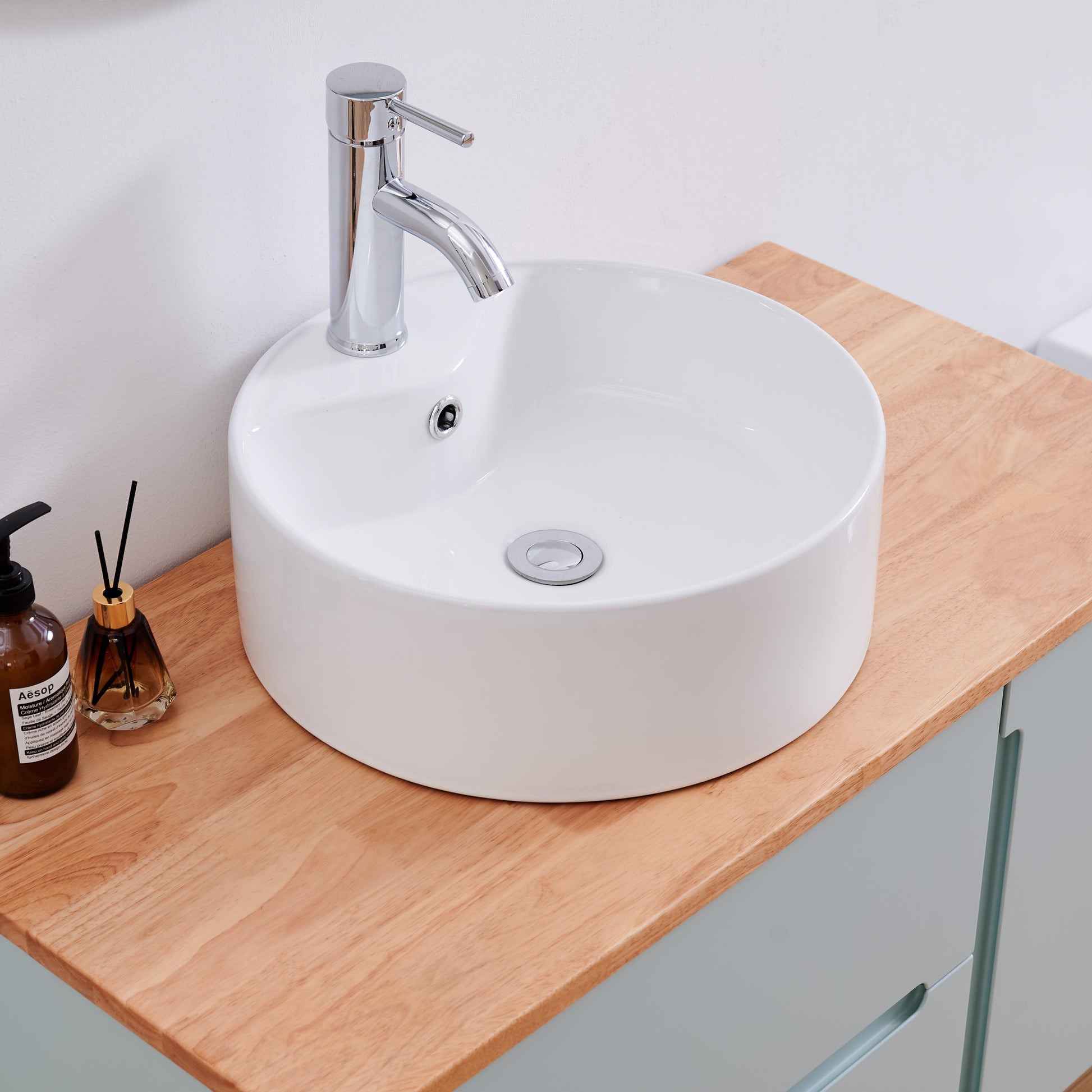 White Ceramic Round Vessel Sink - Bathroom Storage & Routine