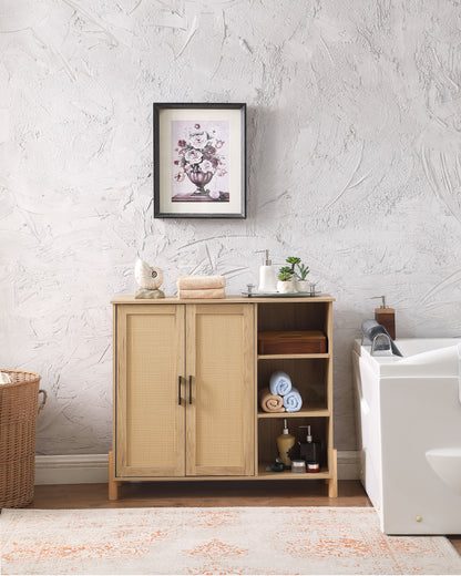 Mid-Century Modern Storage Cabinet with Woven Rattan Doors, Open Shelves & Adjustable Shelves - Perfect for Living Room & Dining Room