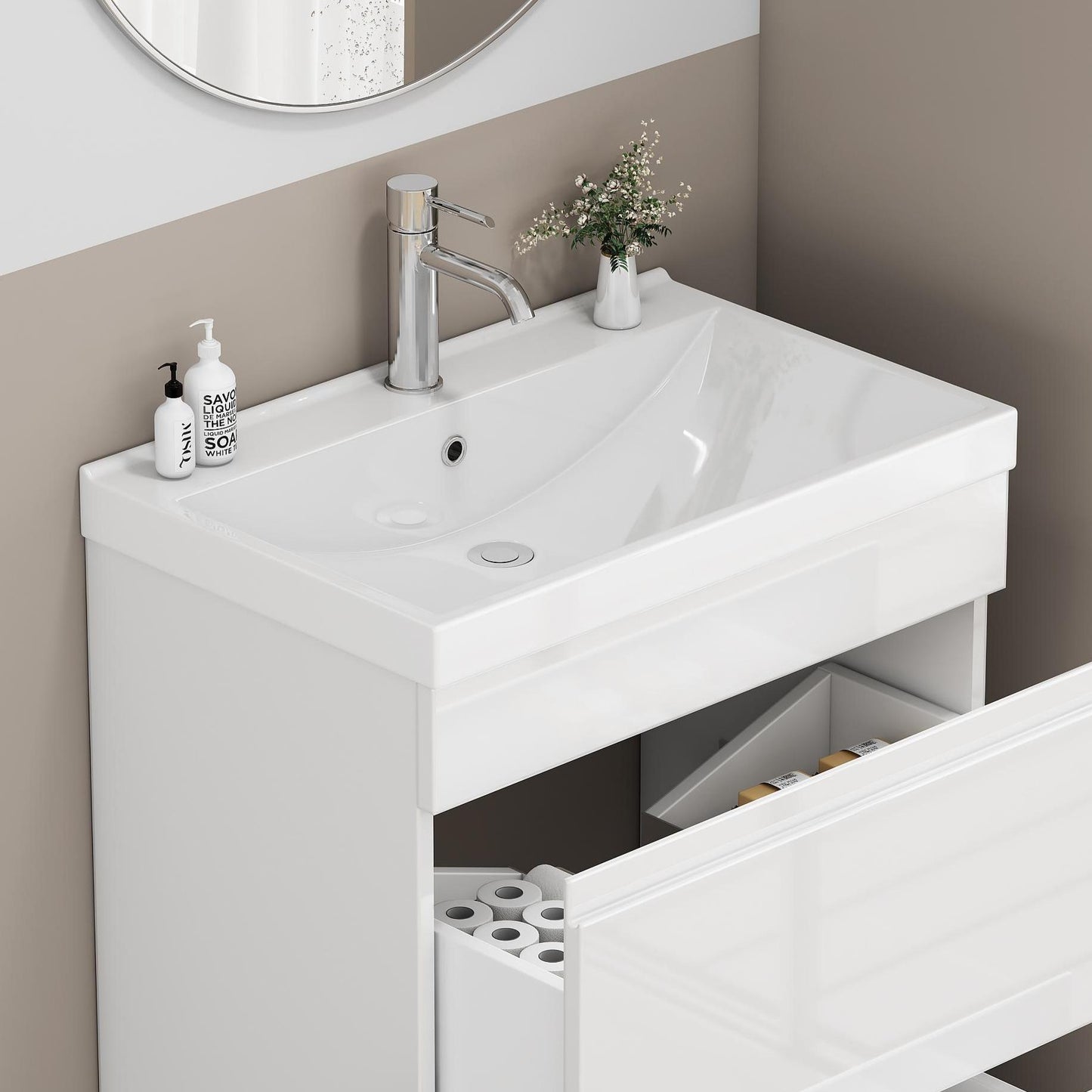 24 Inch Ceramic Bathroom Sink Top - Glossy White