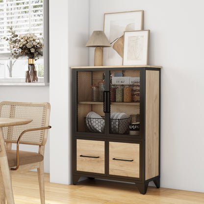 Storage Cabinet With 4 Iron Doors,Black Metal Handle,Sideboard With Adjustable Shelf,Black Sturdy Metal Frame and Metal Legs,Easy Assemble,For Living Room,Kitchen,Black+Natural