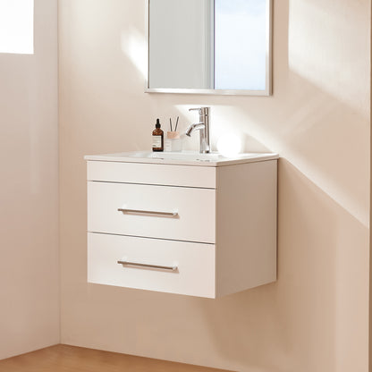 24-Inch White Gloss Wall-Mounted Bathroom Vanity with Double Drawers, Soft-Close System,Ceramic Sink,  Create a Modern and Minimalist Bathroom Space!
