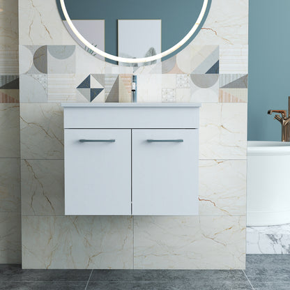 24 Inch Wall Mounted Bathroom Vanity with Ceramic Sink, Glossy White