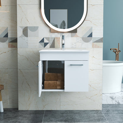 24 Inch Wall Mounted Bathroom Vanity with Ceramic Sink, Glossy White