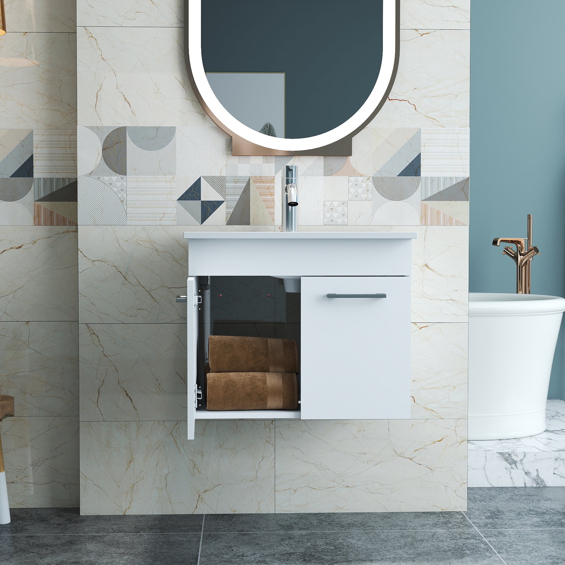 24 Inch Wall Mounted Bathroom Vanity with Ceramic Sink, Glossy White