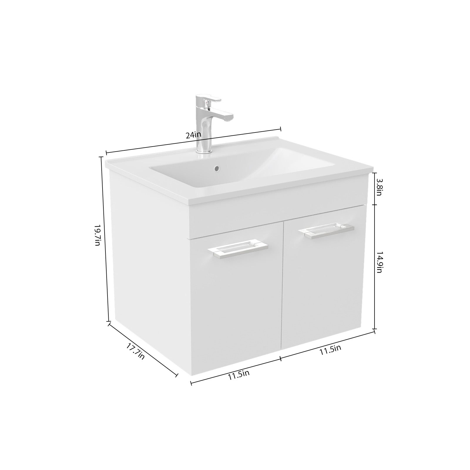 24 Inch Wall Mounted Bathroom Vanity with Ceramic Sink, Glossy White