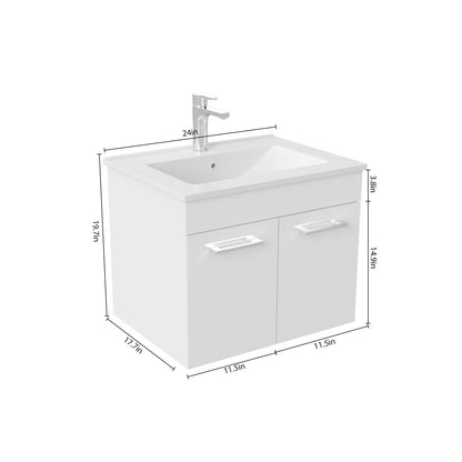 24 Inch Wall Mounted Bathroom Vanity with Ceramic Sink, Glossy White