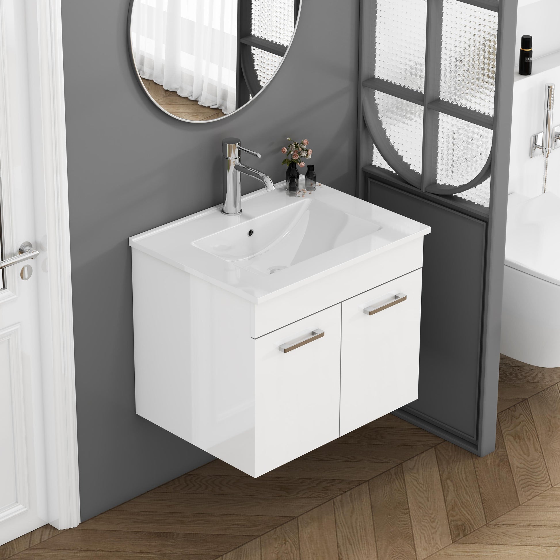 24 Inch Wall Mounted Bathroom Vanity with Ceramic Sink, Glossy White
