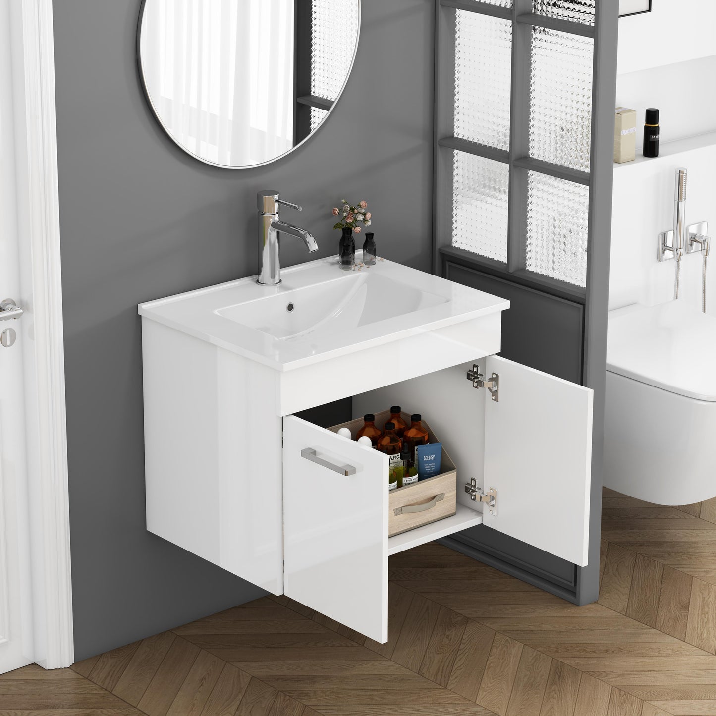 24 Inch Wall Mounted Bathroom Vanity with Ceramic Sink, Glossy White