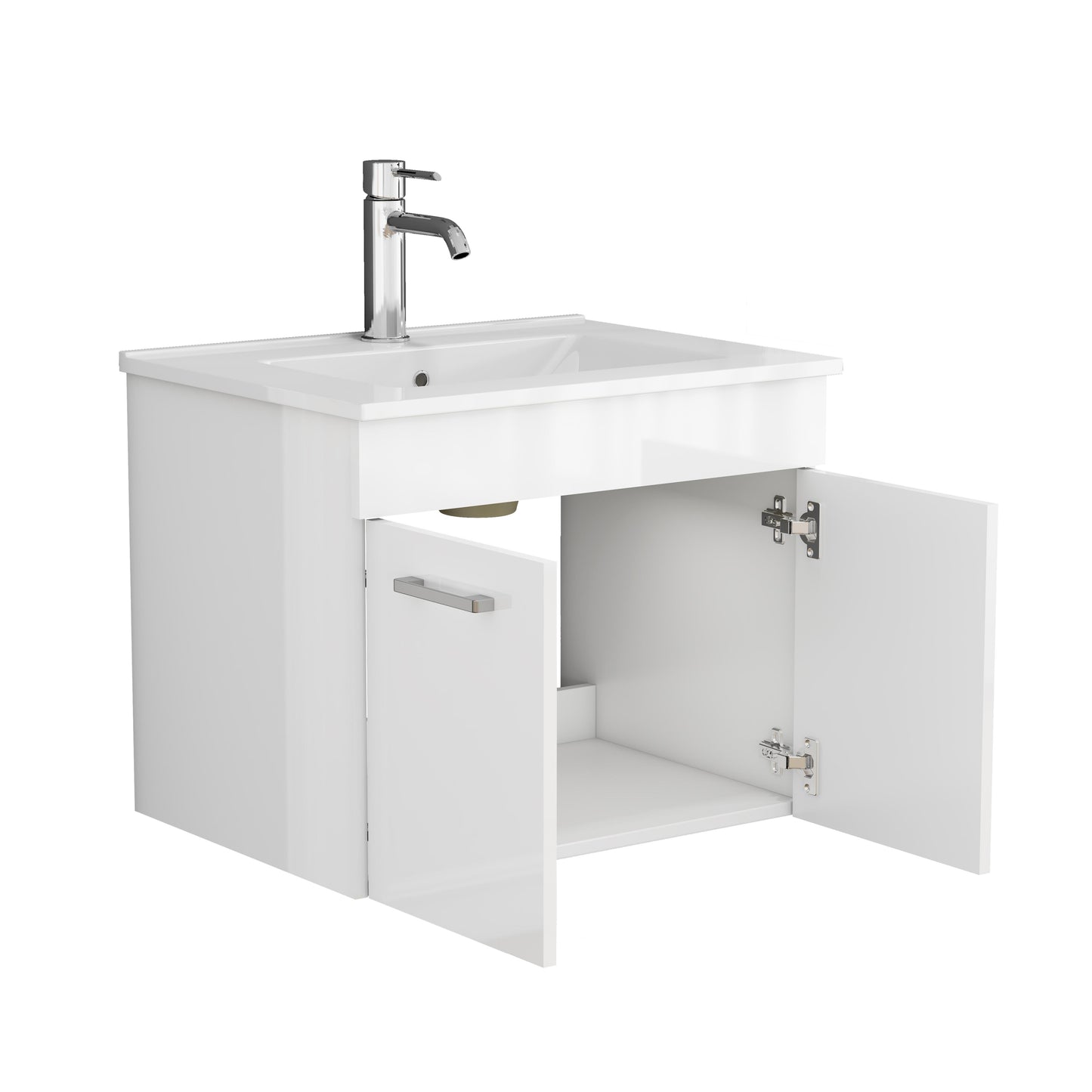 24 Inch Wall Mounted Bathroom Vanity with Ceramic Sink, Glossy White