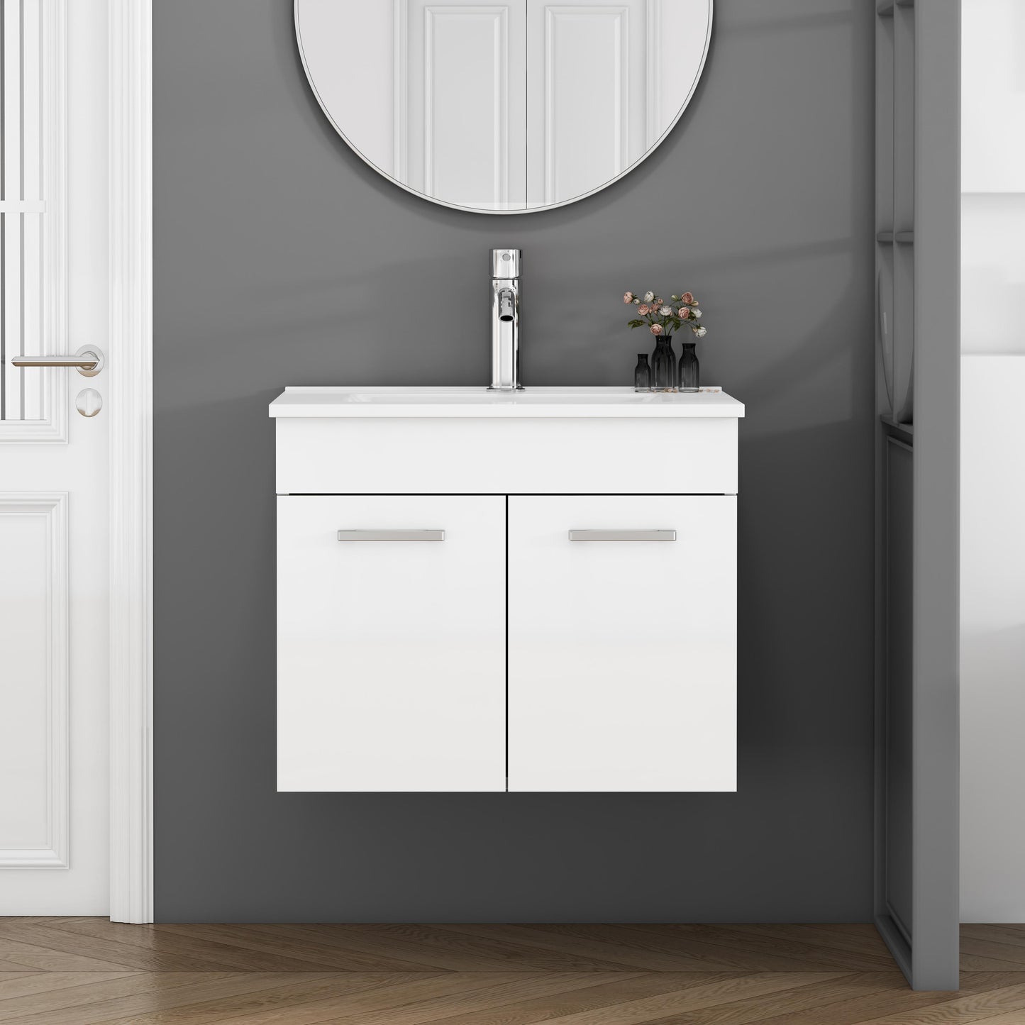 24-Inch Bathroom Vanity With Sink Combo,Wall-Mounted Bathroom Vanity with Double Doors, Wall Mount Bathroom Cabinet,,Soft Close Hinges,Long metal handles,Ceramic basin,Glossy White