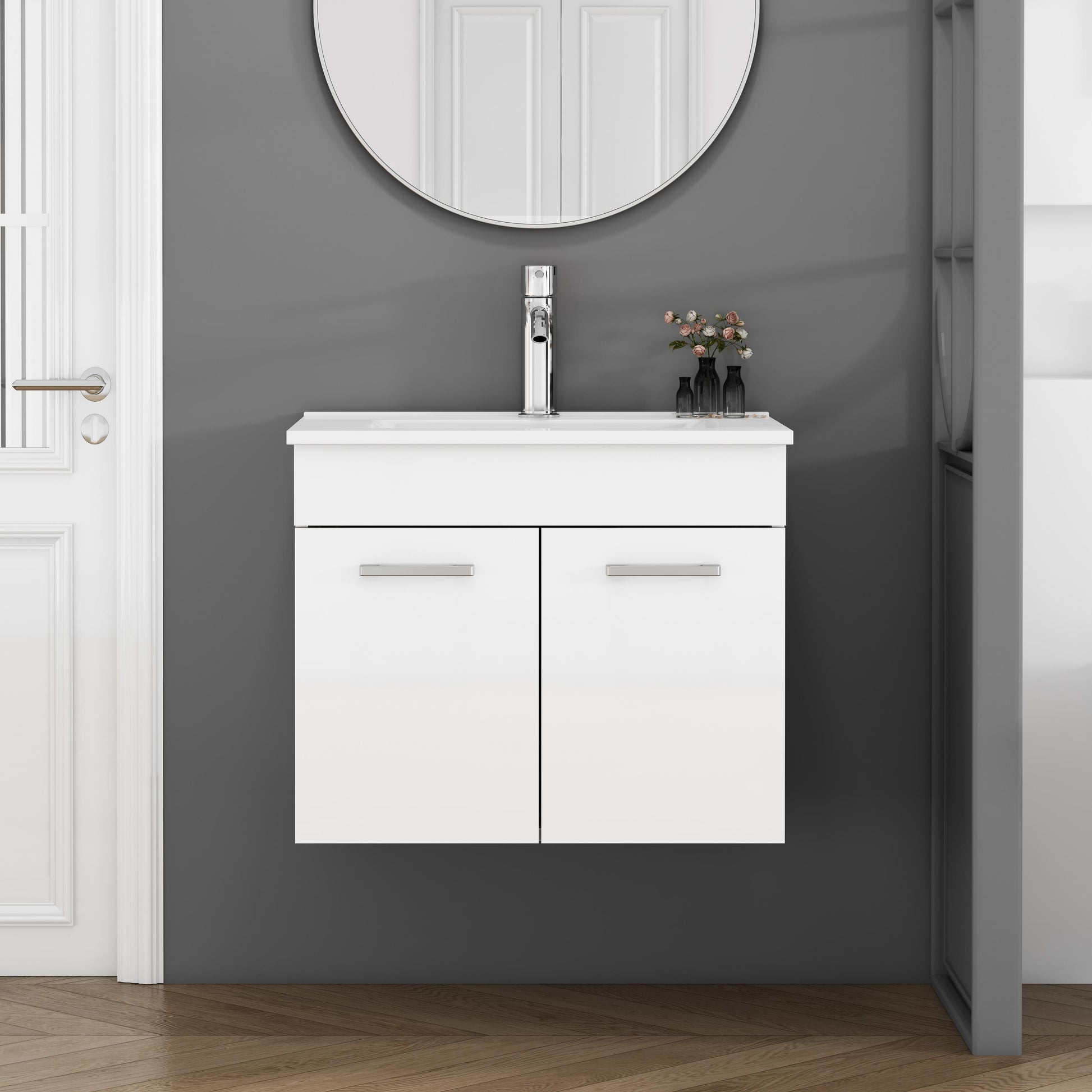 24-Inch Bathroom Vanity With Sink Combo,Wall-Mounted Bathroom Vanity with Double Doors, Wall Mount Bathroom Cabinet,,Soft Close Hinges,Long metal handles,Ceramic basin,Glossy White