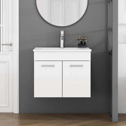 24-Inch Bathroom Vanity With Sink Combo,Wall-Mounted Bathroom Vanity with Double Doors, Wall Mount Bathroom Cabinet,,Soft Close Hinges,Long metal handles,Ceramic basin,Glossy White