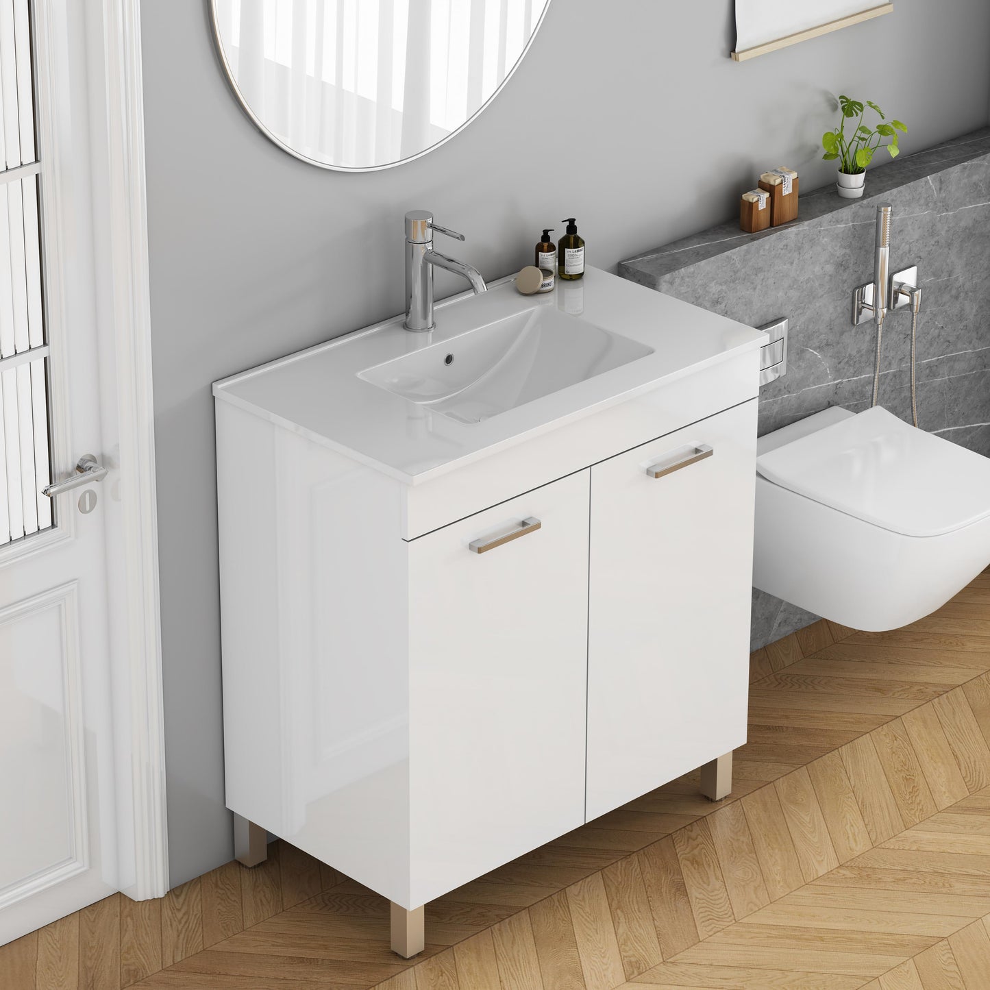 32 Inch Glossy White Bathroom Vanity with Sink Combo