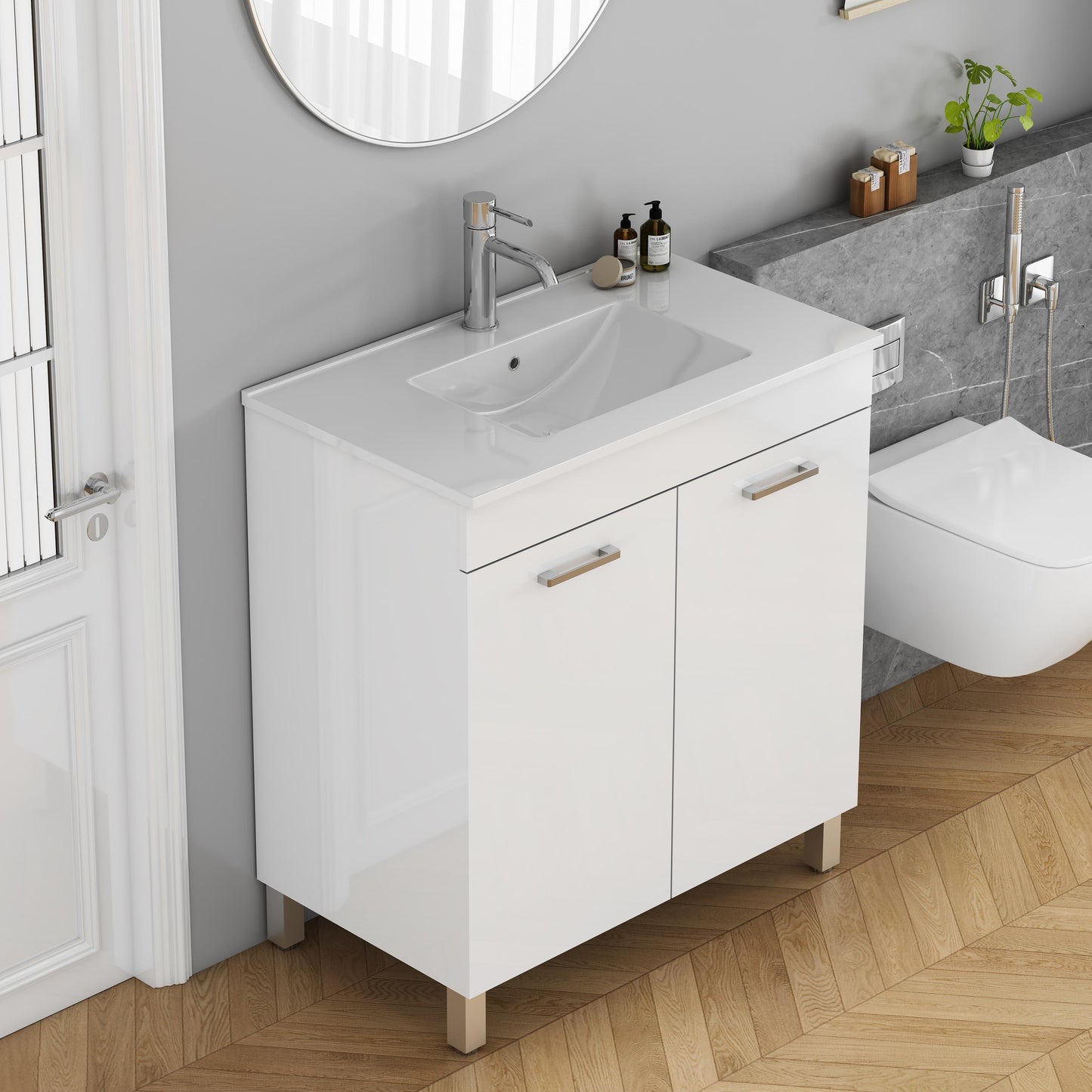 32 Inch Glossy White Bathroom Vanity with Sink Combo